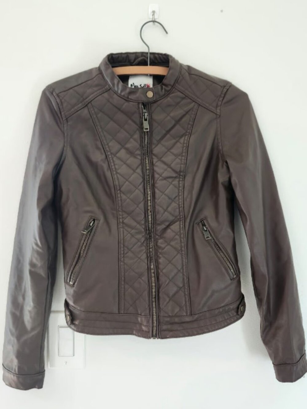 Miss Selfie Women's Chocolate Brown Quilted Faux Leather Motorcycle Jacket sz S